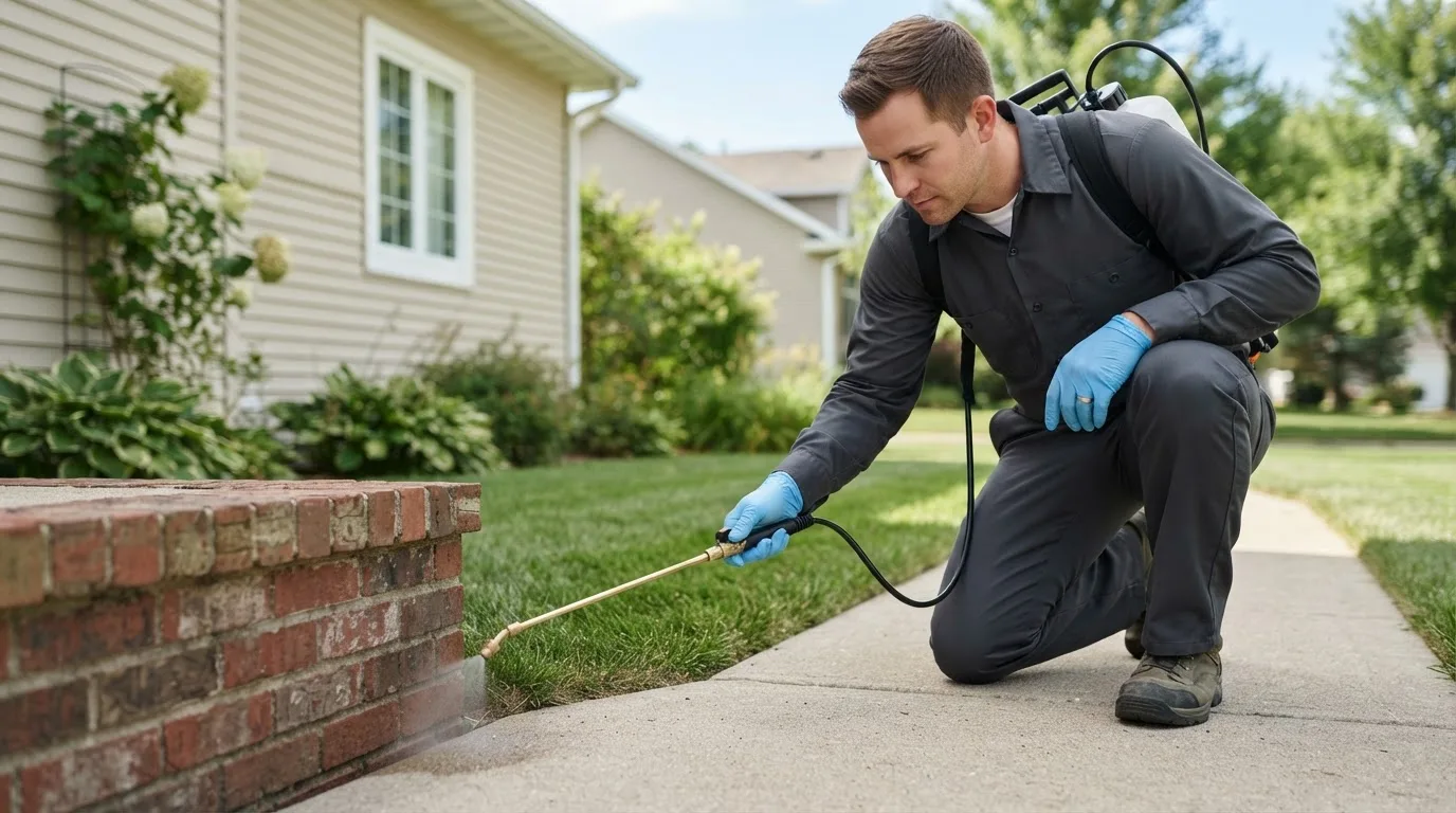 Pest control technician treating a home near Sterling, UT